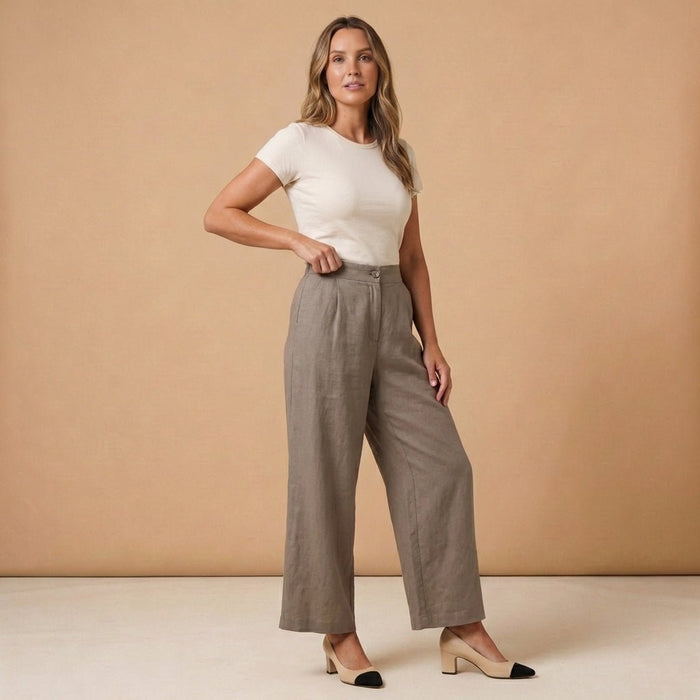 Trousers Women Linen High Waist Wide Leg Button Zip Closure