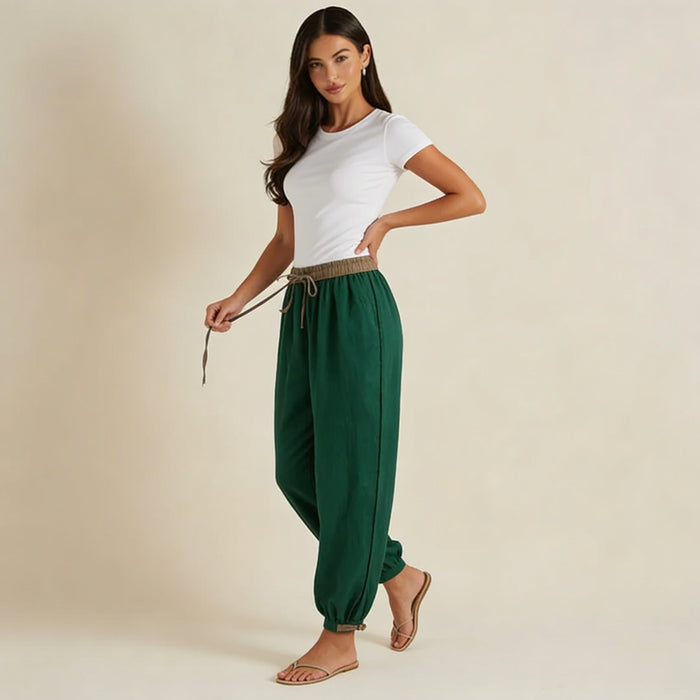 Trousers Women Linen Relaxed Fit Drawstring Adjustable Cuffs