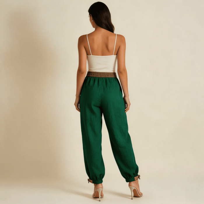 Trousers Women Linen Relaxed Fit Drawstring Adjustable Cuffs