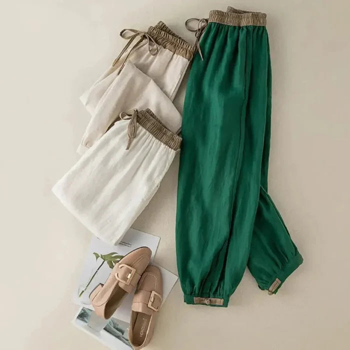 Trousers Women Linen Relaxed Fit Drawstring Adjustable Cuffs