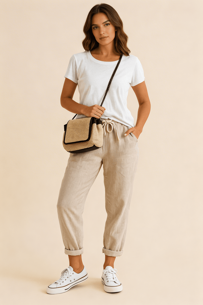 Trousers Women Linen Relaxed Fit Drawstring Waist Full Length