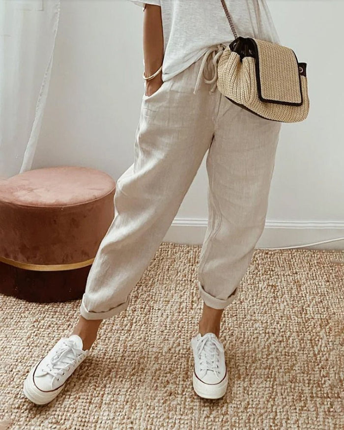 Trousers Women Linen Relaxed Fit Drawstring Waist Full Length