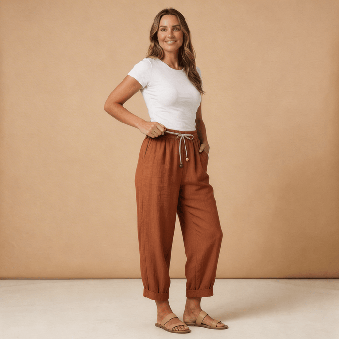 Trousers Women Linen Relaxed Fit Tapered Leg Drawstring Waist