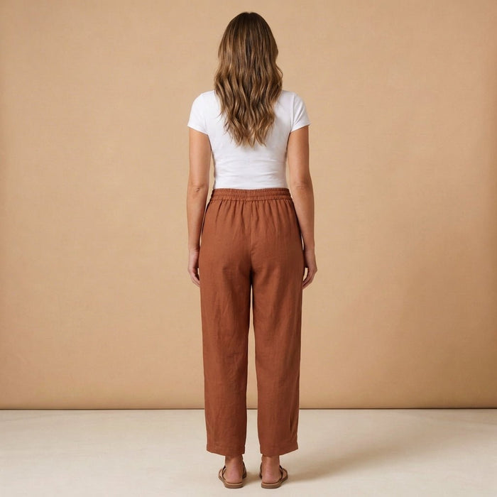 Trousers Women Linen Relaxed Fit Tapered Leg Drawstring Waist