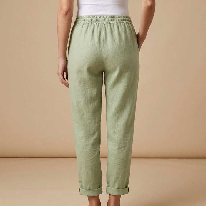 Trousers Women Linen Tapered Fit Elastic Drawstring Waistband