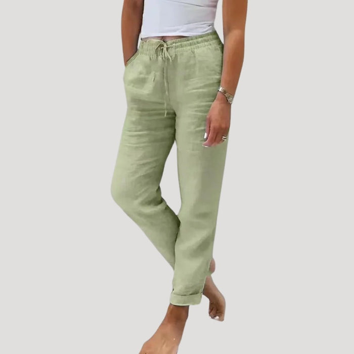 Trousers Women Linen Tapered Fit Elastic Drawstring Waistband