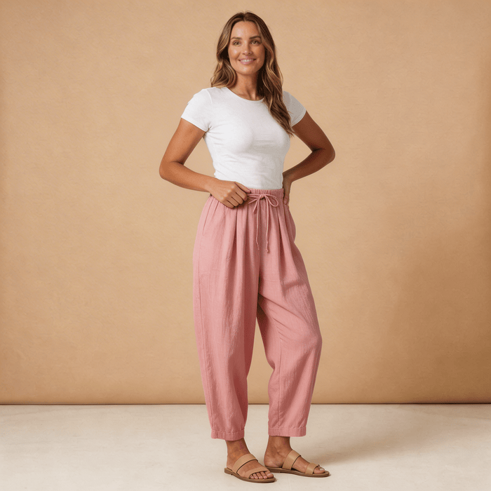 Trousers Women Linen Wide Leg Ankle Length Drawstring Waist
