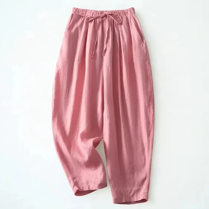 Trousers Women Linen Wide Leg Ankle Length Drawstring Waist