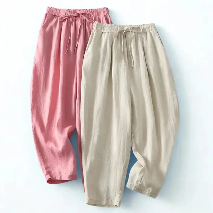 Trousers Women Linen Wide Leg Ankle Length Drawstring Waist