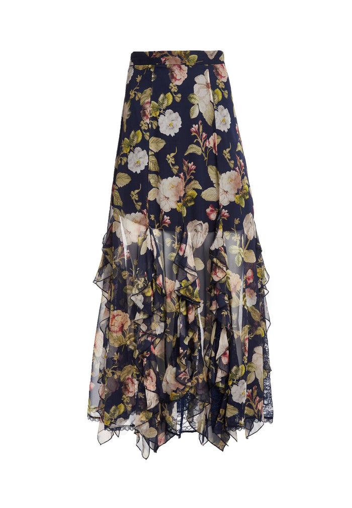 UMA LACE CMBO RUFFLE GODET SKT - HAZY FLORAL-SAPPHIRE