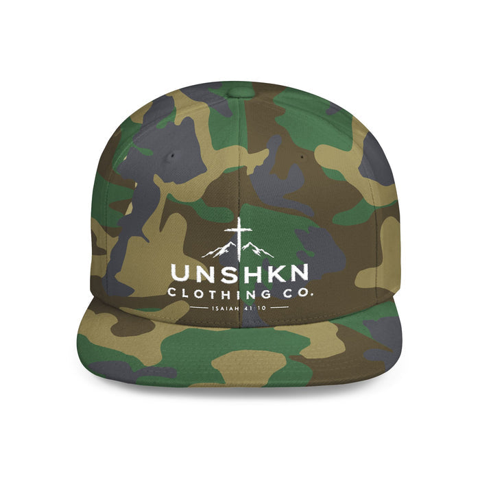 Unshkn Clothing Co. Flat Bill Snapback Hat — Distressed Mountain Cross Logo