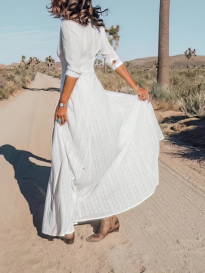 V-neck Mid-sleeve Buttoned Beach Dress