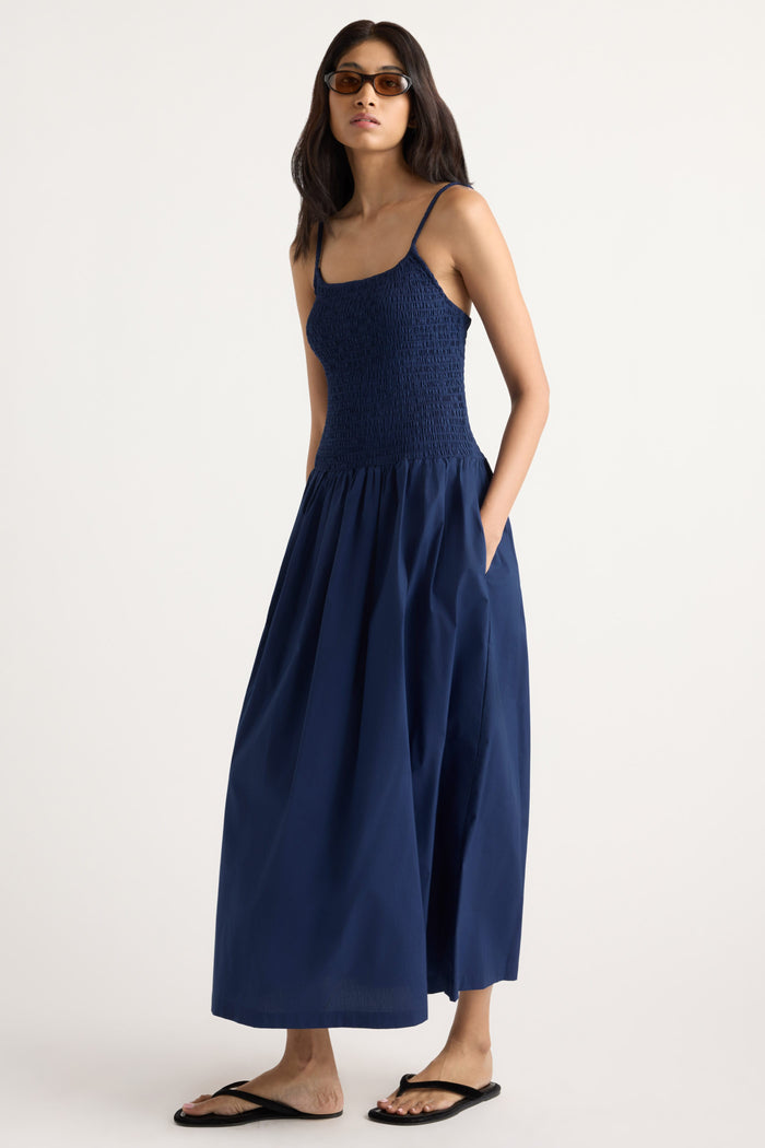 Arya | Venus Smocked Organic Cotton Midi Dress in Size Small