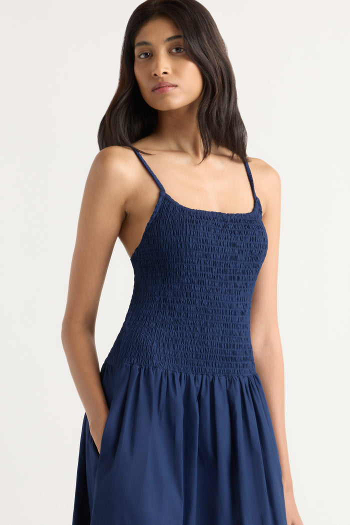 Arya | Venus Smocked Organic Cotton Midi Dress in Size Small