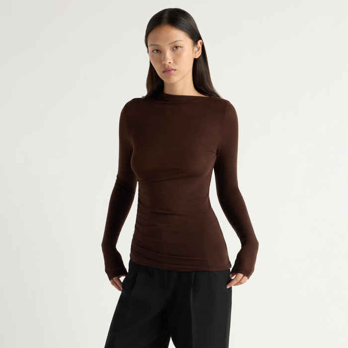 May-Li | Vittoria Asymmetric-Neck Semi-Sheer Ruched Tee in Size Small