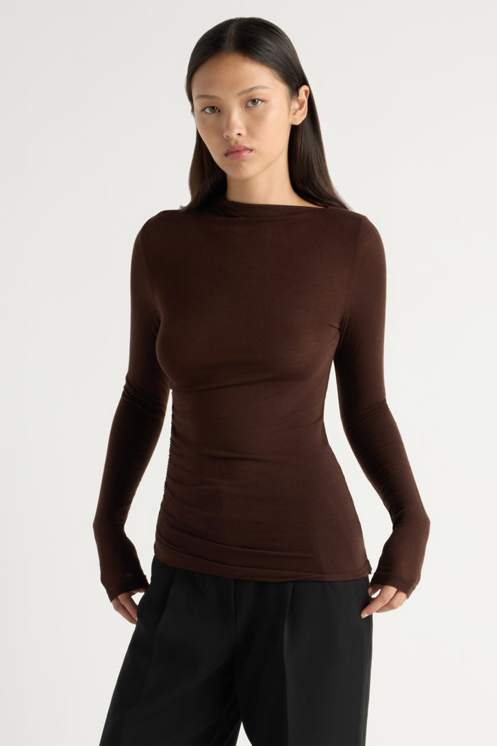 May-Li | Vittoria Asymmetric-Neck Semi-Sheer Ruched Tee in Size Small
