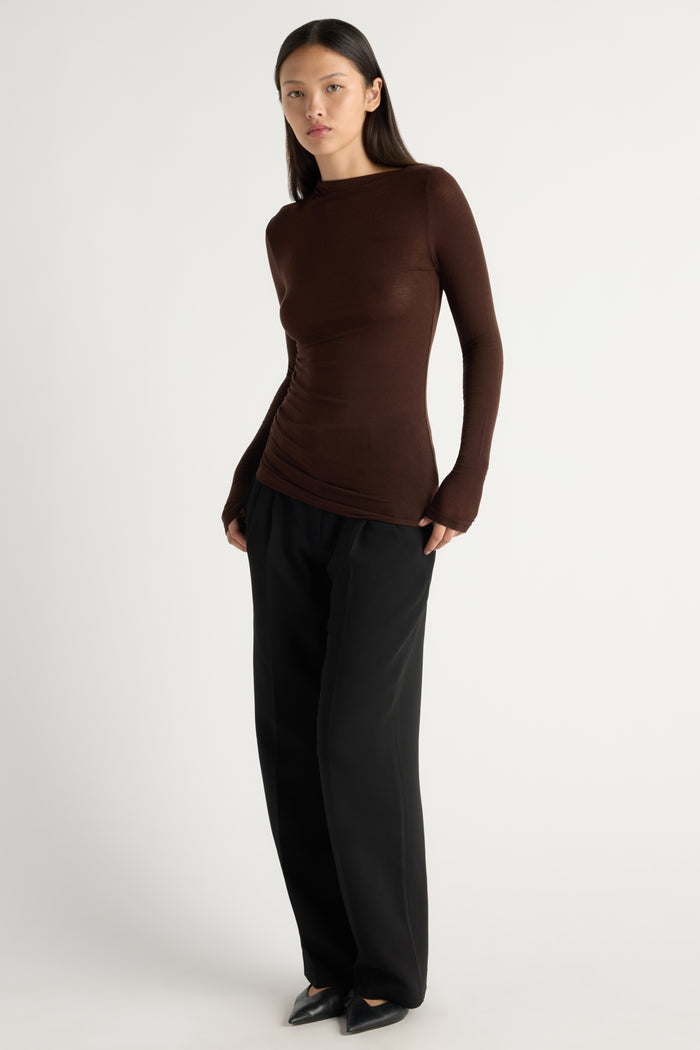 May-Li | Vittoria Asymmetric-Neck Semi-Sheer Ruched Tee in Size Small