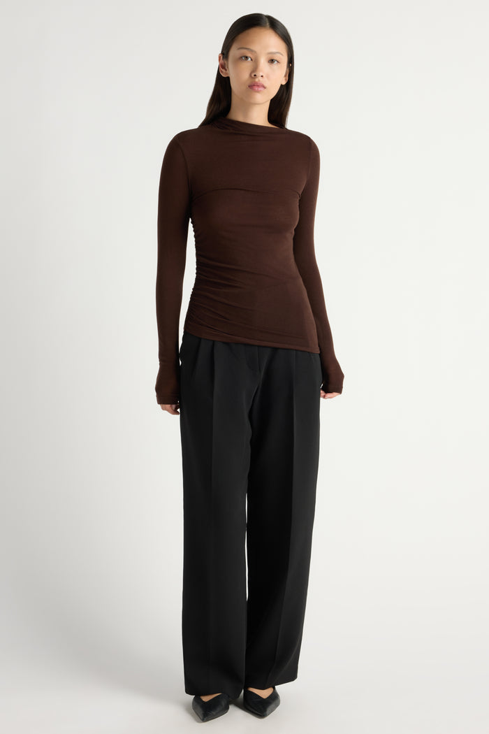 May-Li | Vittoria Asymmetric-Neck Semi-Sheer Ruched Tee in Size Small
