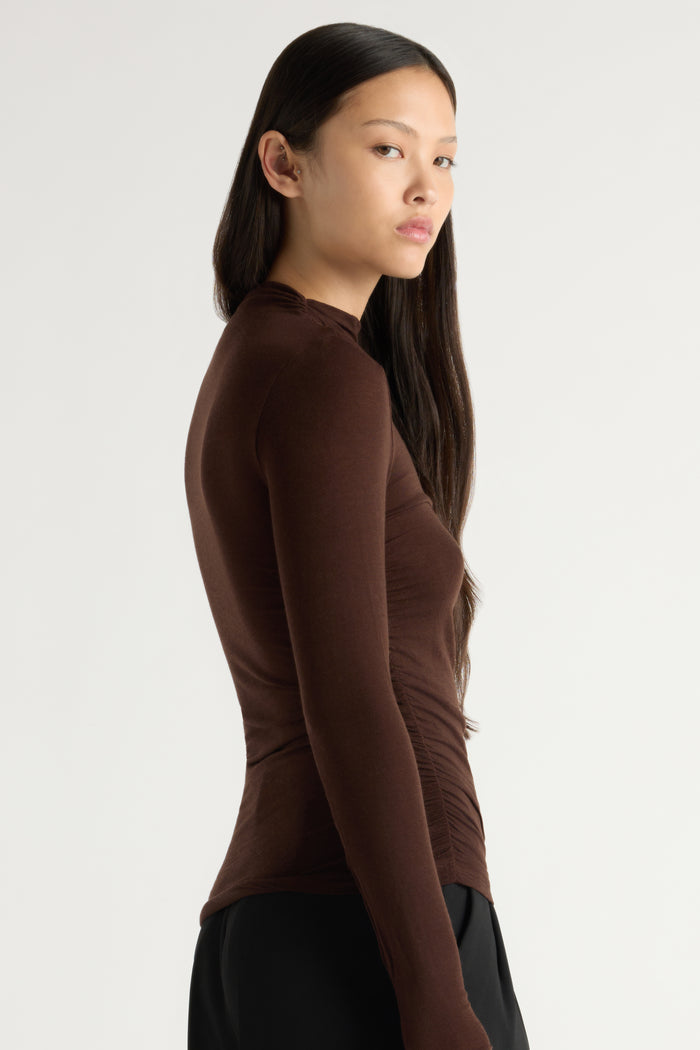 May-Li | Vittoria Asymmetric-Neck Semi-Sheer Ruched Tee in Size Small