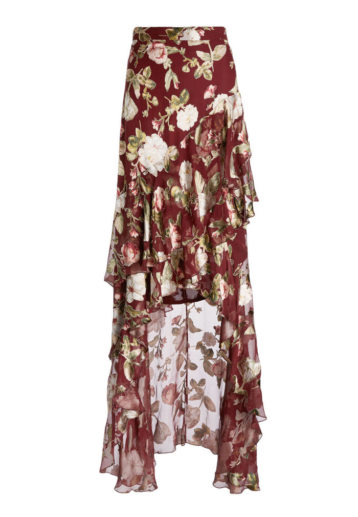 WALKER ASYM HIGH LOW MIDI SKT - HAZY FLORAL-WINE