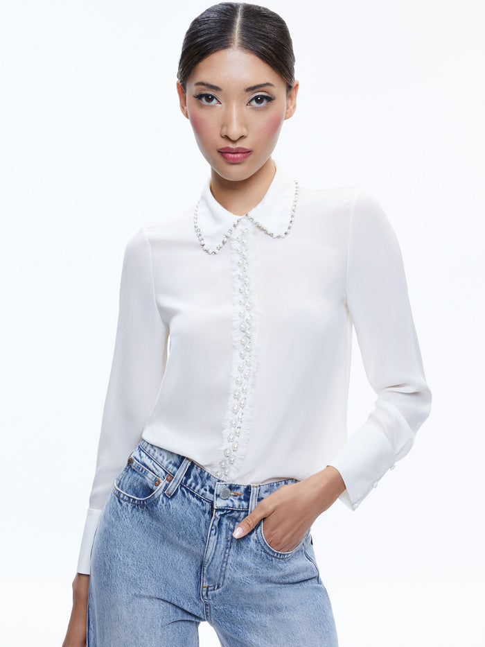 WILLA EMBELLISHED PLACKET TOP - OFF WHITE