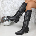 Winter Boots Women Western Style Block Heel Embroidery Detail