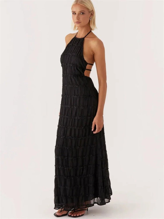 Women Maxi Dress Halter Neck Open Back Pleated Design
