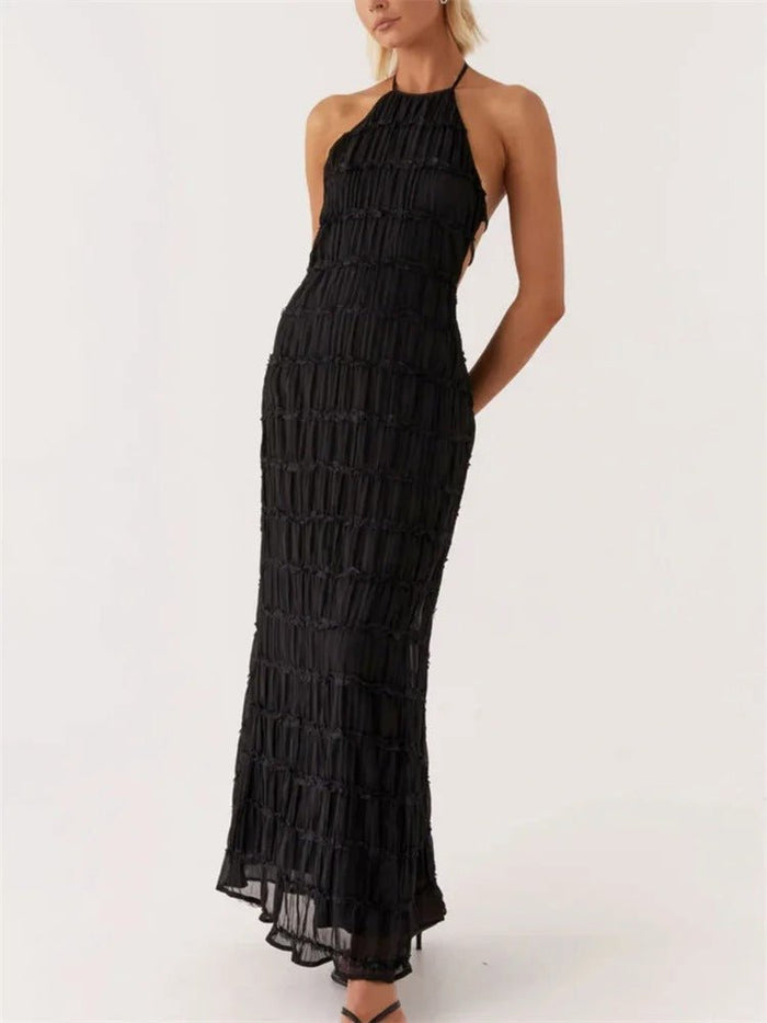 Women Maxi Dress Halter Neck Open Back Pleated Design