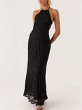 Women Maxi Dress Halter Neck Open Back Pleated Design