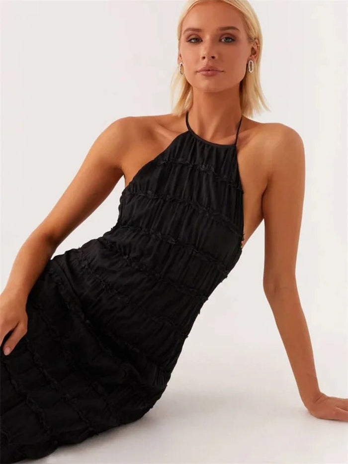 Women Maxi Dress Halter Neck Open Back Pleated Design