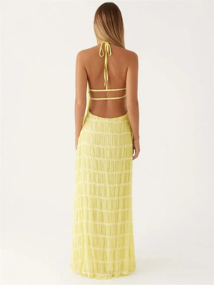 Women Maxi Dress Halter Neck Open Back Pleated Design