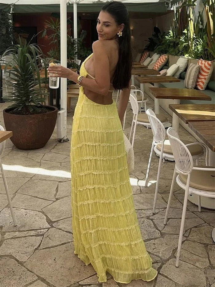 Women Maxi Dress Halter Neck Open Back Pleated Design