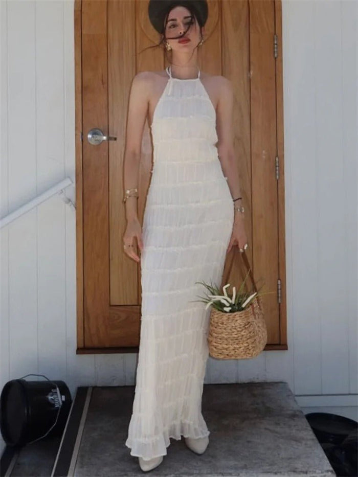 Women Maxi Dress Halter Neck Open Back Pleated Design