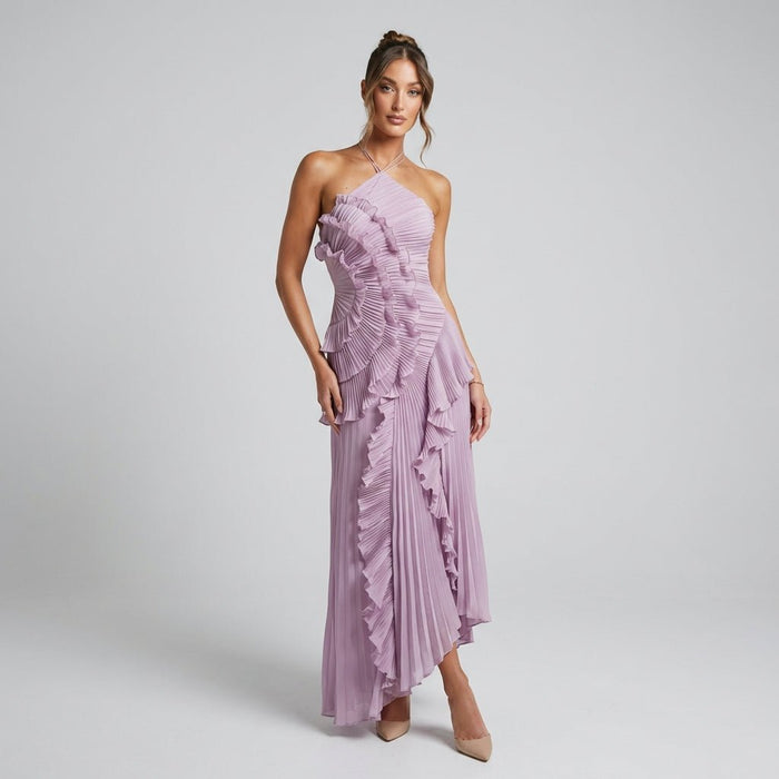 Women Maxi Dress Halter Neck Pleated Full Length Fit