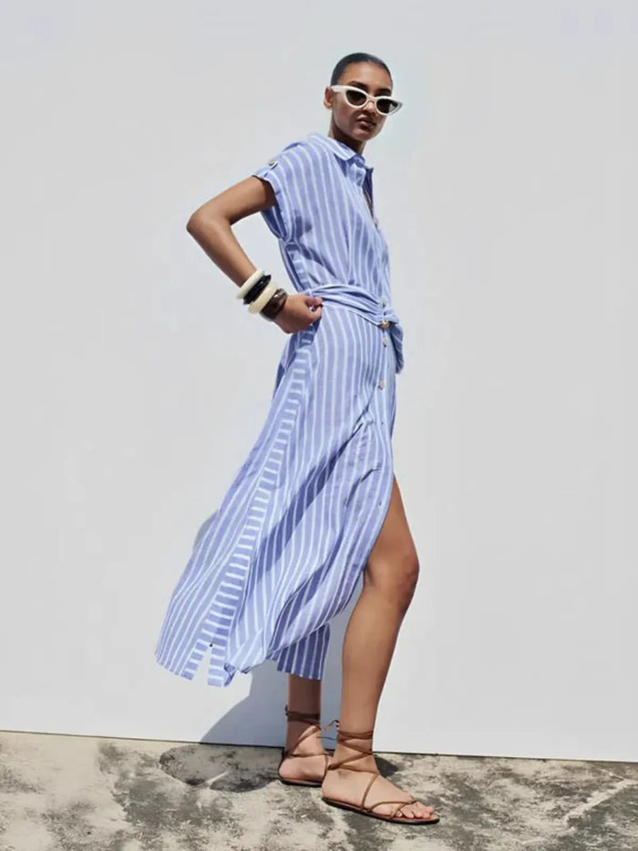 Women Maxi Dress Linen Striped Short Sleeve Button Closure
