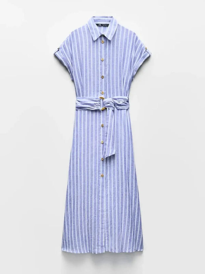 Women Maxi Dress Linen Striped Short Sleeve Button Closure
