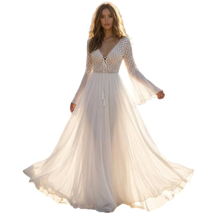 Women Maxi Dress Long Sleeve A-Line V-Neck Lace Up Fit