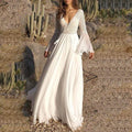 Women Maxi Dress Long Sleeve A-Line V-Neck Lace Up Fit