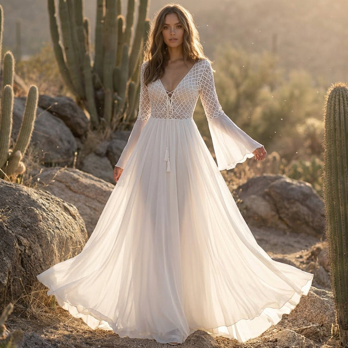Women Maxi Dress Long Sleeve A-Line V-Neck Lace Up Fit