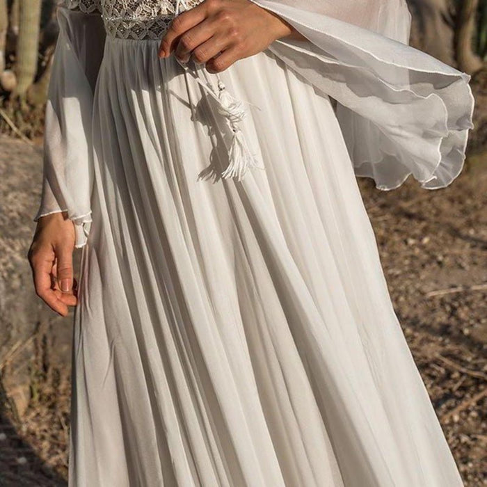 Women Maxi Dress Long Sleeve A-Line V-Neck Lace Up Fit