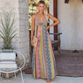 Women Maxi Dress Loose Fit V-Neck Backless Striped Style