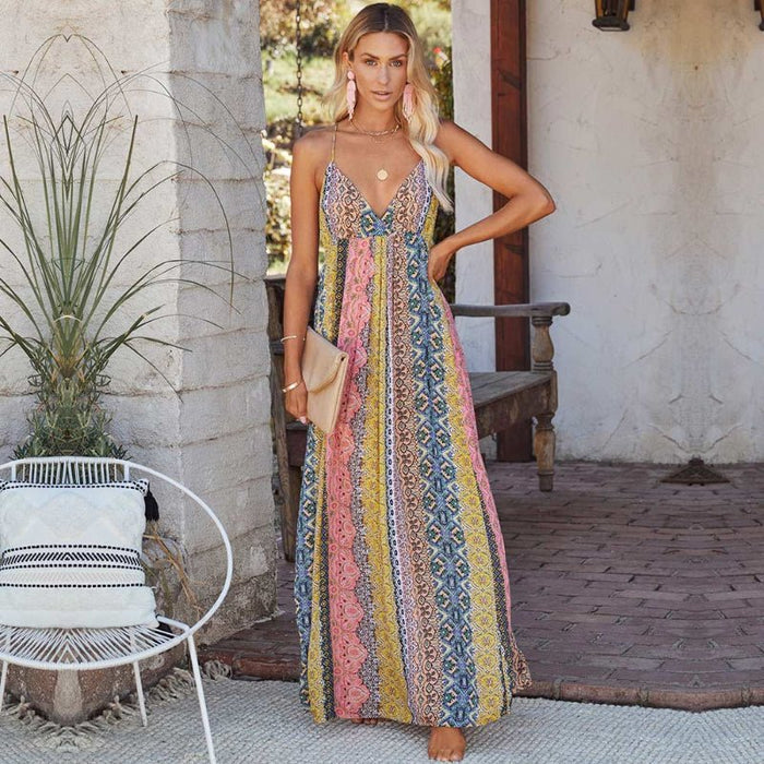 Women Maxi Dress Loose Fit V-Neck Backless Striped Style