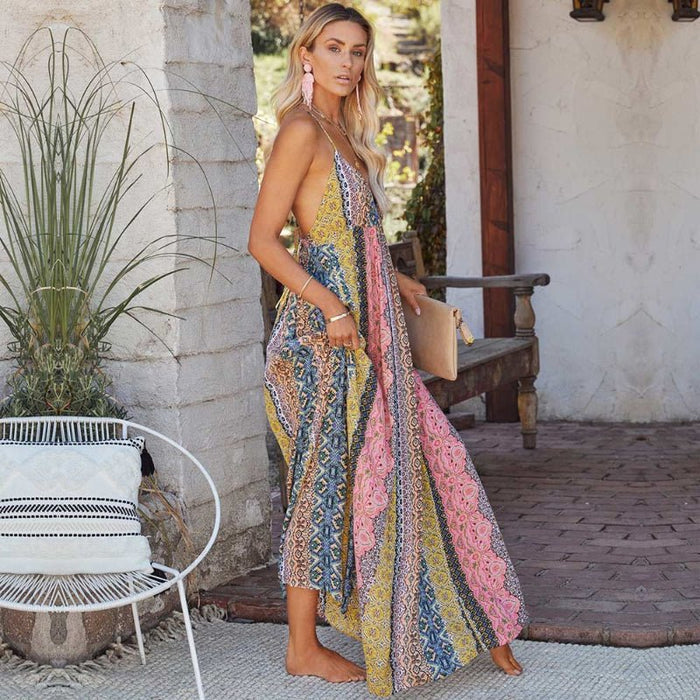 Women Maxi Dress Loose Fit V-Neck Backless Striped Style