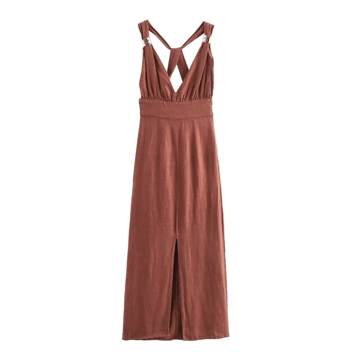 Women Maxi Dress Sleeveless Deep V-Neckline Open Back Design