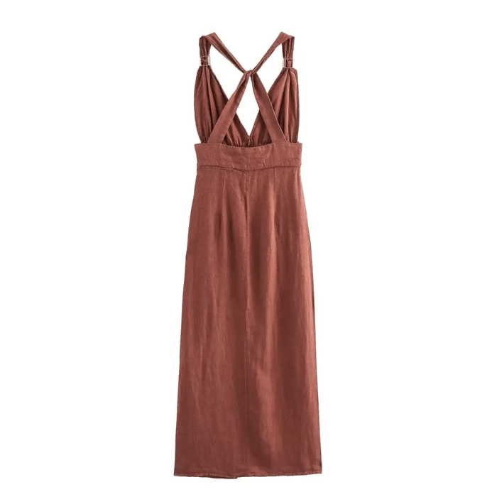 Women Maxi Dress Sleeveless Deep V-Neckline Open Back Design