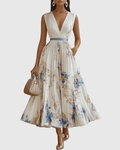 Women Maxi Dress Sleeveless V-Neck Pleated Bodice Fit