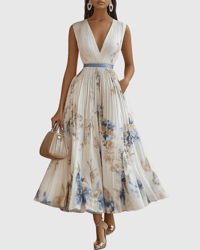 Women Maxi Dress Sleeveless V-Neck Pleated Bodice Fit