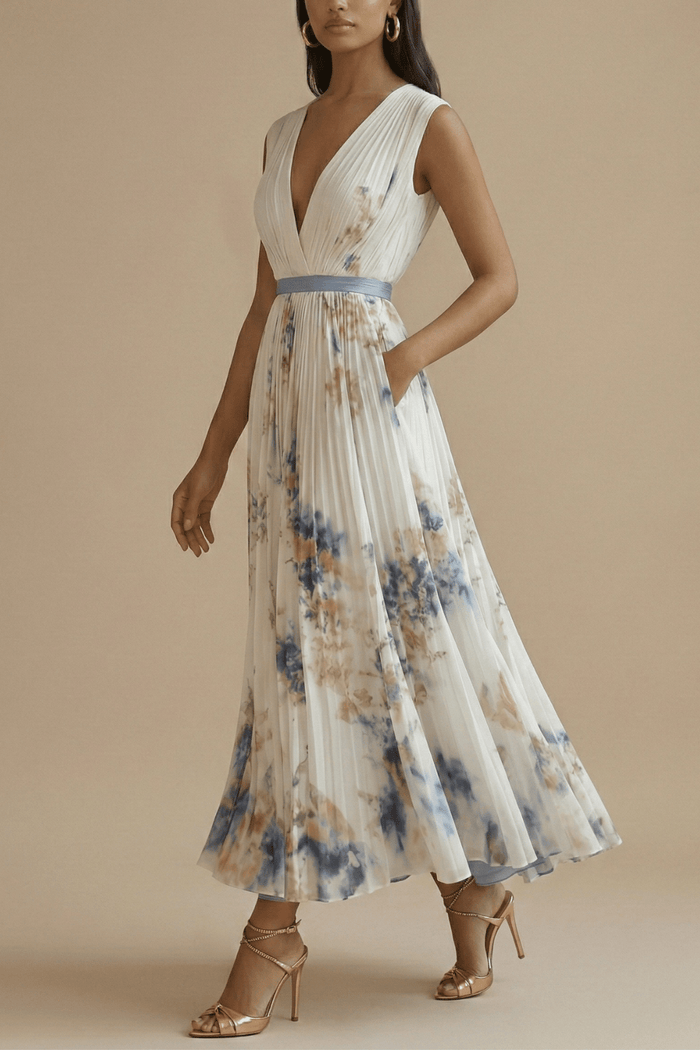 Women Maxi Dress Sleeveless V-Neck Pleated Bodice Fit