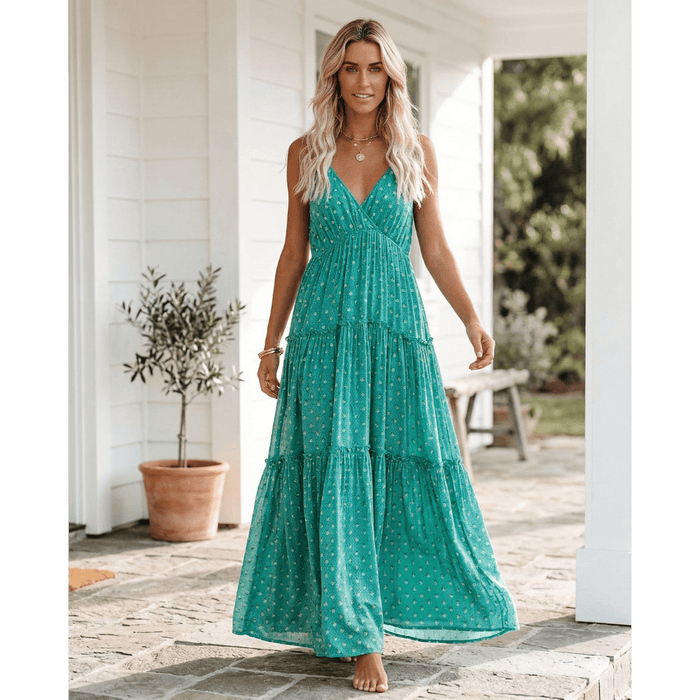 Women Maxi Dress Sleeveless V-Neck Tie Back Closure Fit