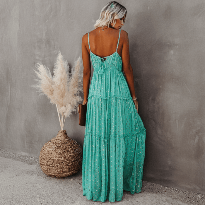 Women Maxi Dress Sleeveless V-Neck Tie Back Closure Fit